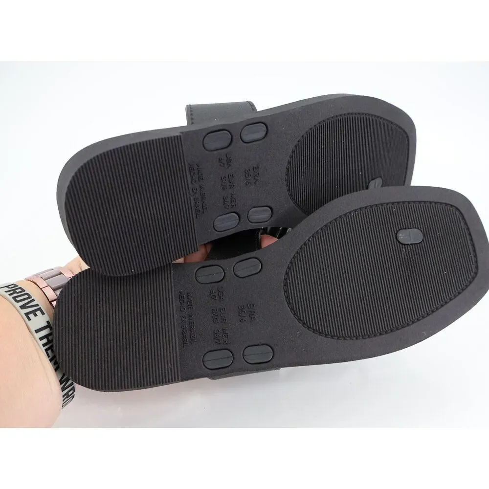 Larroude Hibiscus Sandals Slide Thong Size 6/7 Black Slip On Rubber Beach